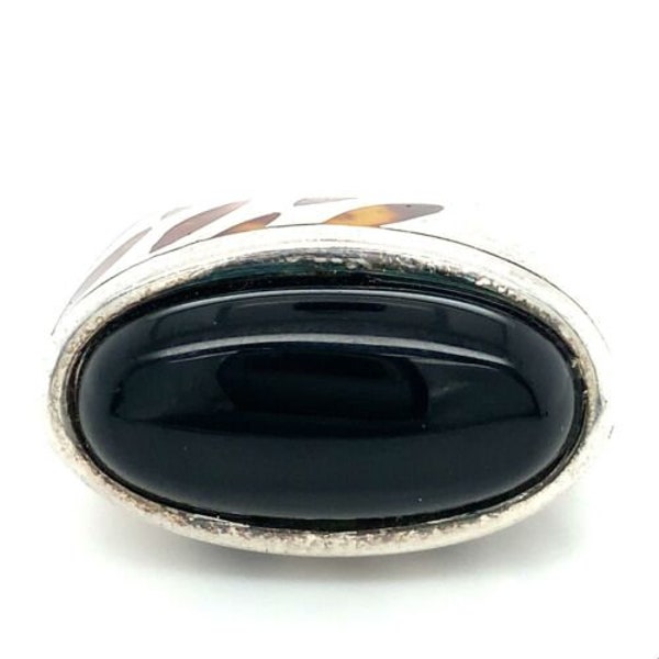 Vtg Sterling Signed Flli Menegatti Italy Enamel Blazing Fire Black Onyx Ring 7