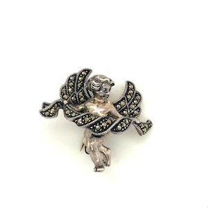 Vintage Sterling Signed Judith Jack Art Deco Cupid Cherub Angel Marcasite Brooch