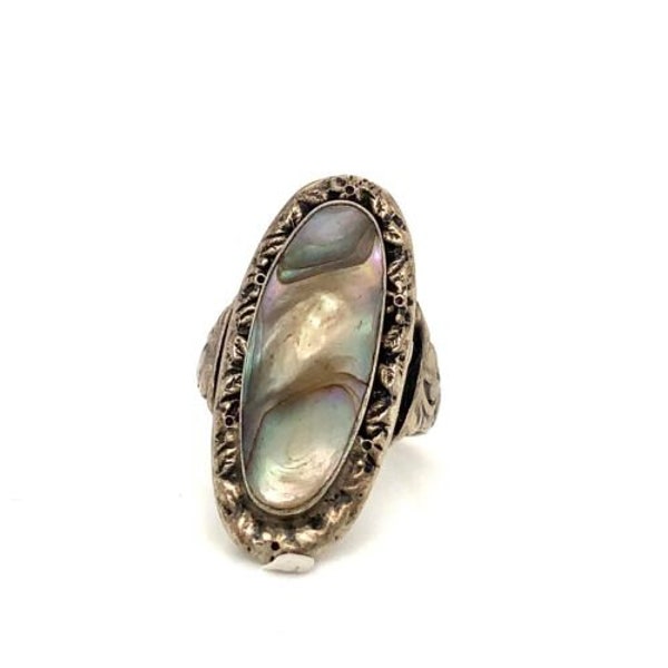 Antique Signed Sterling Art Deco Natural Blister Abalone Shell Oval Ring Band 5