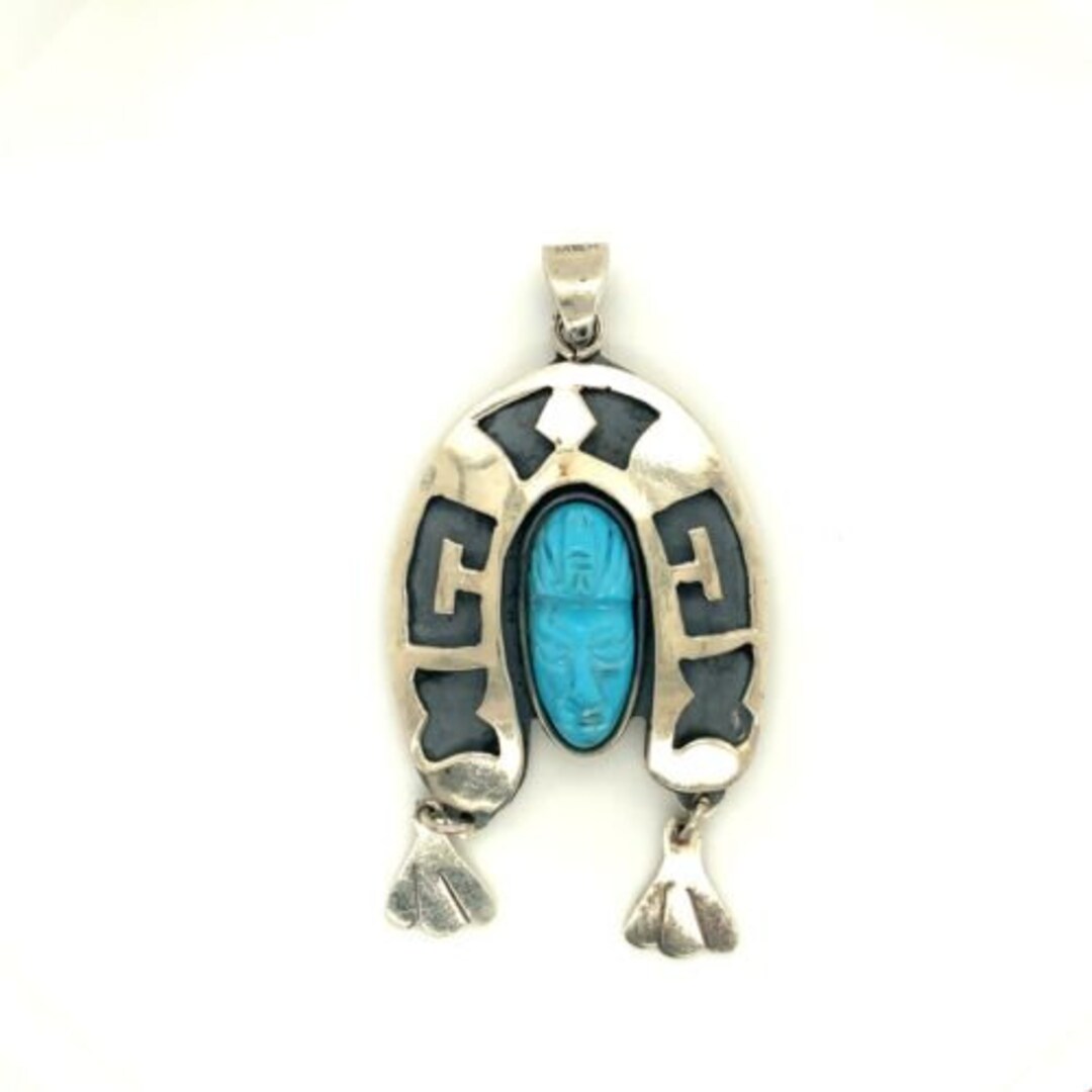 Vintage Signed 925 Sterling Mexico Carve Turquoise Aztec Warrior Head