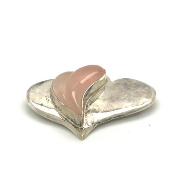 Vintage Signed Sterling Great Falls Metal Works Rose Quartz Double Heart Brooch