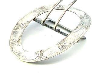 Antique Signed Sterling Handmade Carved Victorian Art Deco Ornate Oval Buckle