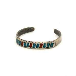 Vintage Sterling Silver Navajo Inlay Chip Multi Stone Cuff Bracelet size 6 1/4