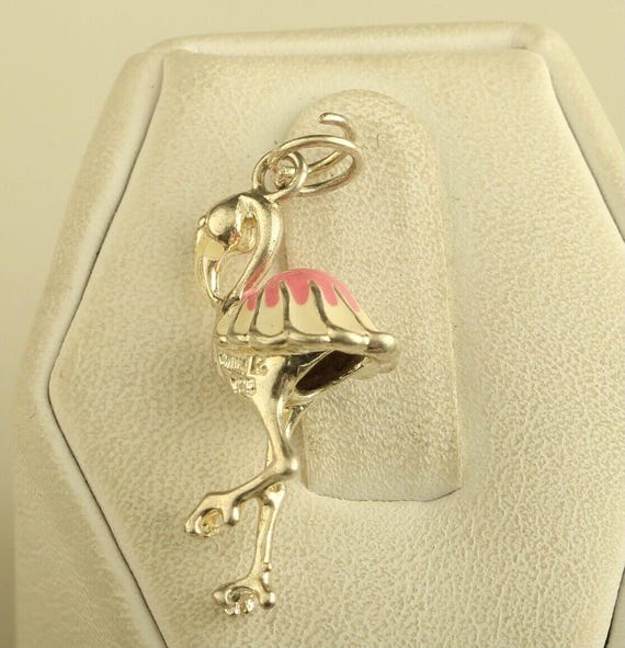 Vintage Sterling Silver 3D Enameled Flamingo Pend… - image 2