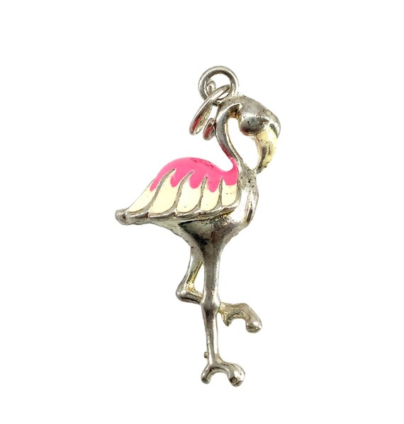 Vintage Sterling Silver 3D Enameled Flamingo Pend… - image 1