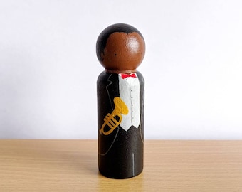 Louis Armstrong Figurine Wooden Musician Peg Doll holding Trumpet (Christmas Ornament option)