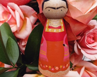 Frida Kahlo Hand Painted Wooden Peg Doll Figure