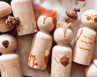 Woodland Animal Peg Doll Set with Keepsake Mushroom Bag