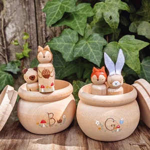 Wooden Keepsake Jar with Custom Initial and Woodland Detailing with Animal dolls