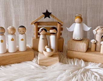 Minimalist Wooden Peg Doll Nativity Set