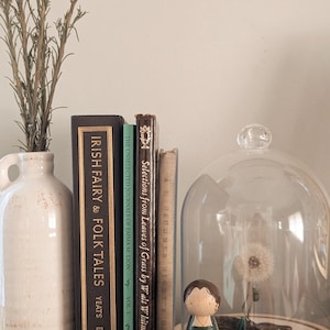 May include: A still life arrangement featuring a white ceramic jug with dried flowers, vintage books, and a glass cloche. A wooden peg doll stands in front of the cloche. The books include "Irish Fairy & Folk Tales" and "Selections from Leaves of Grass."