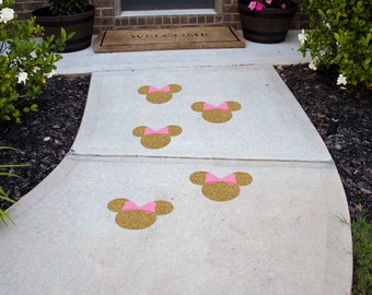 Minnie Mouse Peel and Stick Floor Decals (Digitally Printed Gold with Pink Bow) • Birthday Decorations • Bounce House Decals
