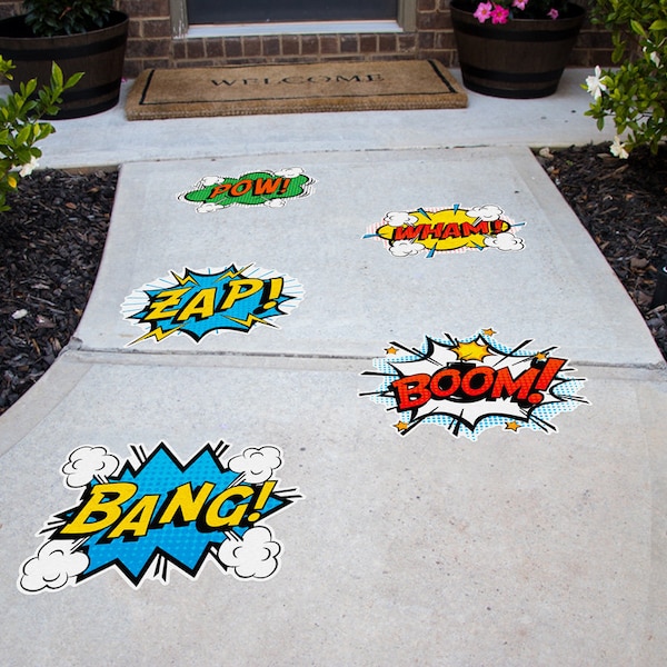 Comic Book Actions Textured Peel and Stick Floor Decals • Set of 5 • Birthday Decorations • Removable Sidewalk Vinyl Stickers
