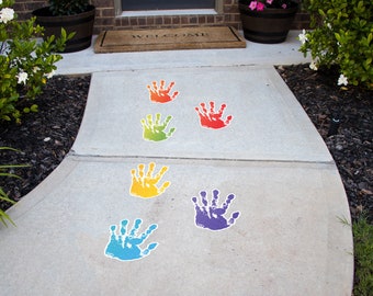 Painted Hand Print Peel and Stick Floor Decals • Set of 6 Rainbow Hands • 12" Tall Classroom Decorations • Removable Sidewalk Vinyl Stickers