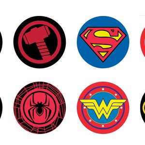 May include: Eight round stickers featuring superhero logos. The stickers are 11.5 inches in diameter and feature the logos for Hulk, Thor, Superman, Captain America, Iron Man, Spiderman, Wonder Woman, and Batman.