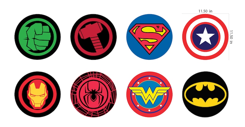 May include: Eight round stickers featuring superhero logos. The stickers are 11.5 inches in diameter and feature the logos for Hulk, Thor, Superman, Captain America, Iron Man, Spiderman, Wonder Woman, and Batman.