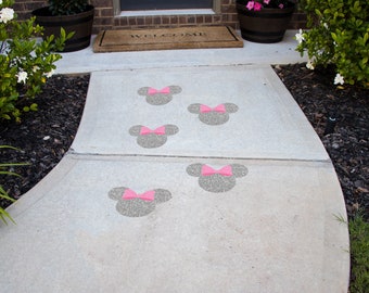 Minnie Mouse Peel and Stick Floor Decals (Digitally Printed Silver with Pink Bow) • Birthday Decorations • Bounce House Decals