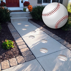 May include: A concrete walkway with a baseball theme. The walkway has several baseball-shaped cutouts, and a large baseball is shown in the upper right corner of the image.