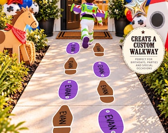 May include: A set of custom walkway decals featuring brown boot prints and purple oval shapes, each printed with the name EVAN. The decals are arranged on a concrete path leading toward a child dressed as a space ranger character.