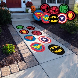 Super Hero Textured Peel and Stick Floor Decals • Set of 8 • 11.5" Wide Birthday Decorations • Removable Sidewalk Vinyl Stickers