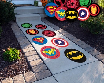 Super Hero Textured Peel and Stick Floor Decals • Set of 8 • 11.5" Wide Birthday Decorations • Removable Sidewalk Vinyl Stickers