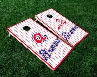 Atlanta Braves Pinstripe Cornhole Decals: Set of 2 Cornhole Wraps • Comes with Squeegee & Edge Seal Tape • FREE Shipping