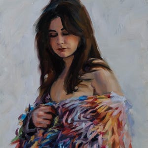 Original Oil Painting | Female Portrait in Colorful Feathered Wrap | Contemporary Figurative Art | Introspective Woman Wall Art