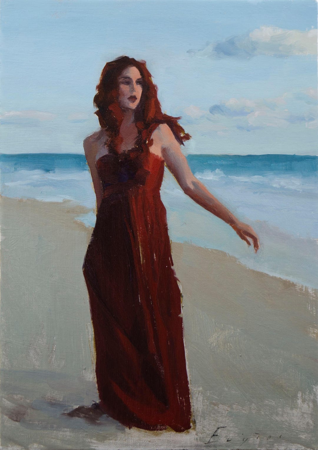 knee length dresses for ladies Lady in Red on the Beach  Paint by Numbers Home