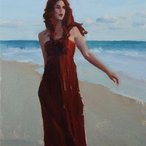 Original Oil Painting | Woman in Red Dress by the Sea | Figurative Beach Scene | Romantic Coastal Art | Realism Wall Decor