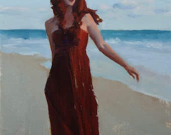Original Oil Painting | Woman in Red Dress by the Sea | Figurative Beach Scene | Romantic Coastal Art | Realism Wall Decor