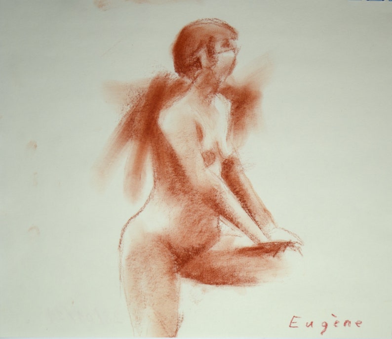 feminine figure Sanguine drawing on paper Expressive and dynamic.