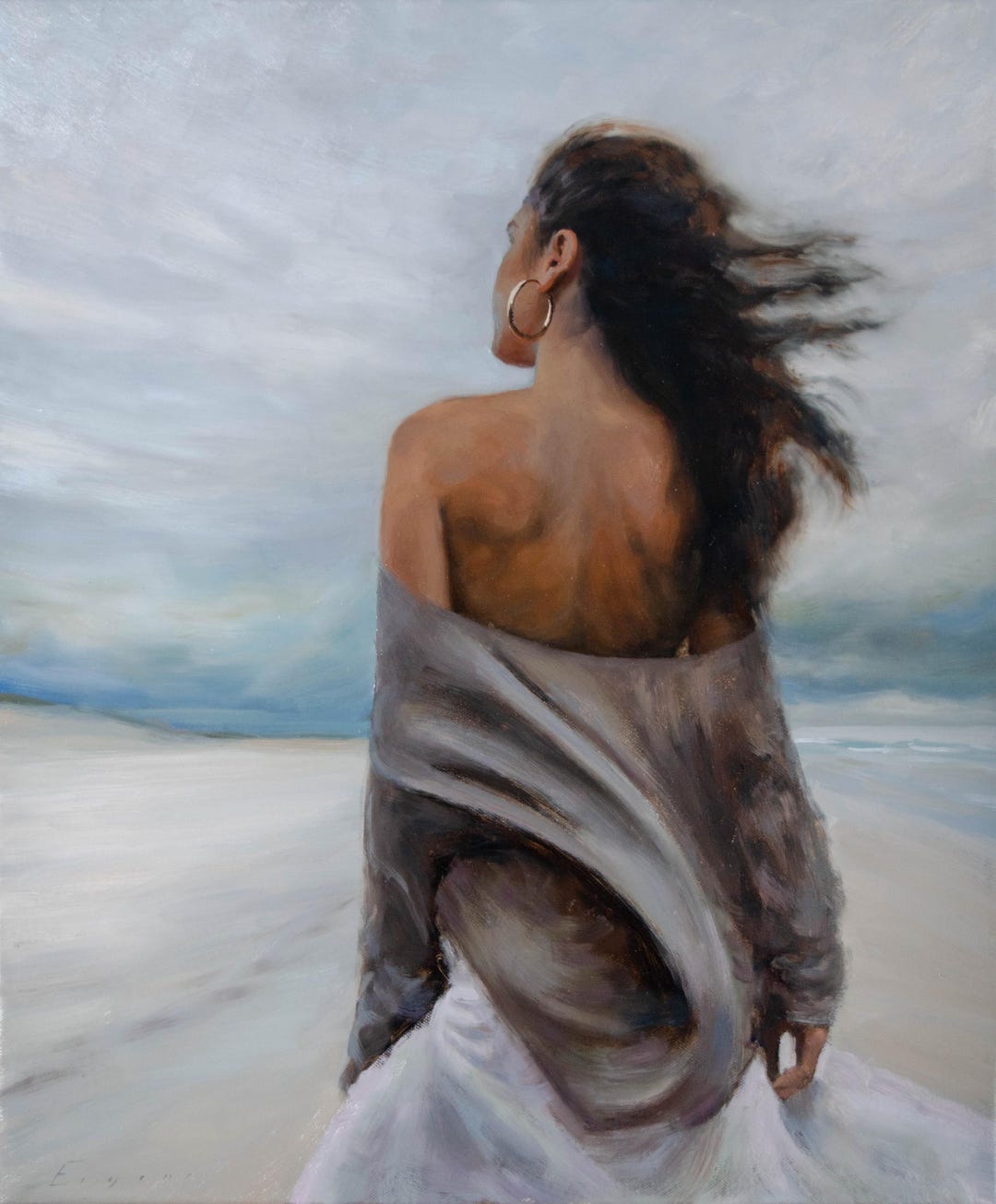 Original Oil Painting | Wind-swept Woman on Beach | Figurative Female ...
