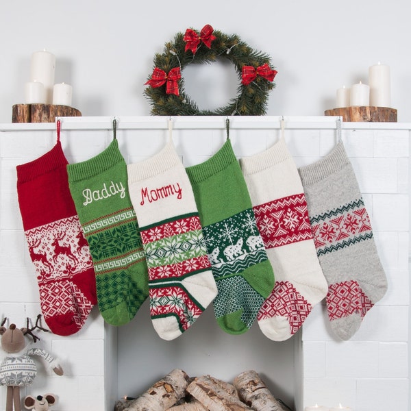 Bas de Noël tricotés en intarsia personnalisés, monogrammes, brodés, décoration de bas de Noël nordique moderne FairIsle pour les fêtes