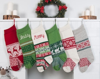 Family Christmas Stockings Personalized, Classic Red Green knit Christmas decor, Colorful holiday stockings with embroidered family names