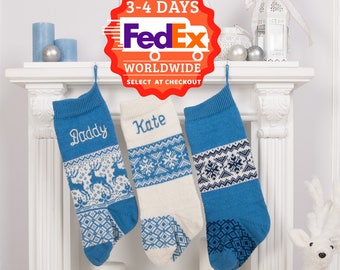 SET of 3 Personalized Christmas Stockings, White Blue, Knitted Christmas Stockings with handmade embroidery, Christmas decor, Christmas gift