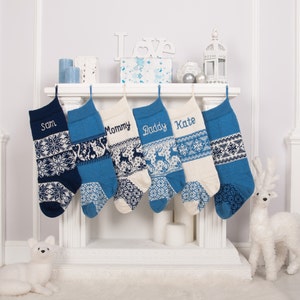 Blue Christmas Stockings with custom name embroidery, Personalized knit Christmas Stockings, Farmhouse decorations, Navy blue, Fair Isle image 1