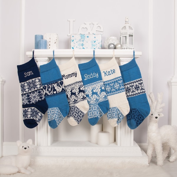 Blue Christmas Stockings with custom name embroidery, Personalized knit Christmas Stockings, Farmhouse decorations, Navy blue, Fair Isle