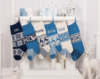 Blue Christmas Stockings with custom name embroidery, Personalized knit Christmas Stockings, Farmhouse decorations, Navy blue, Fair Isle