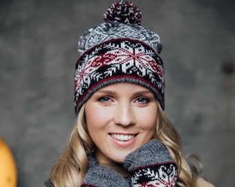 Women pom pom hat Fair Isle pattern, Scandinavian gray beanie, Knit Wool hat women, Hygge style, Hat Mittens Gloves Scarf set, Ski hat