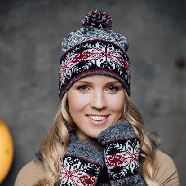 Women pom pom hat Fair Isle pattern, Scandinavian gray beanie, Knit Wool hat women, Hygge style, Hat Mittens Gloves Scarf set, Ski hat