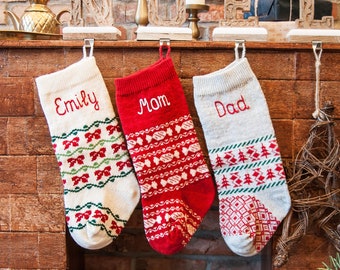 Personalized Holiday Stockings, Green Red White, Knit family Christmas Stockings with handmade embroidery Holiday stocking