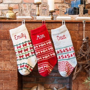 Personalized Holiday Stockings, Green Red White, Knit family Christmas Stockings with handmade embroidery Holiday stocking
