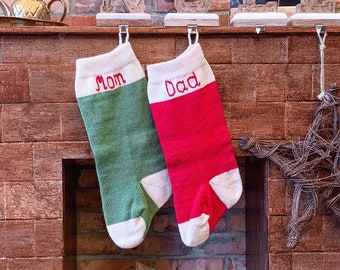 Personalized Christmas Stockings, Green Red White, Knitted Christmas Stockings with handmade embroidery, Traditional Knit Stockings