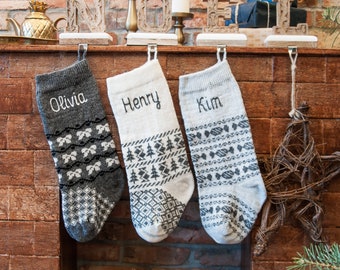 Personalized Christmas Stockings, Family Grey Knitted Scandinavian Nordic Stocking handmade embroidery, Rustic home decor, Holiday stocking