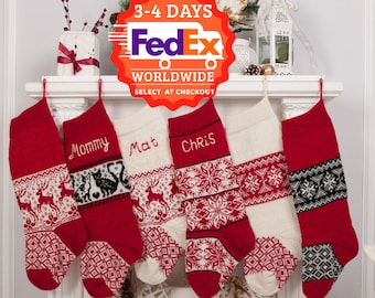 Personalized Knit Christmas Stocking, Handmade Embroidered Wool Decor