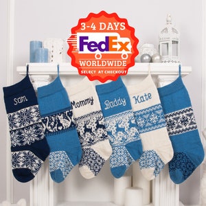 Blue Christmas Stockings with custom name embroidery, Personalized knit Christmas Stockings, Farmhouse decorations, Navy blue, Fair Isle image 2