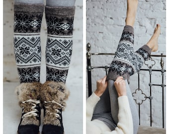 Nordic Ornament knit leg warmers, Wool leg warmers, Winter accessories, Over the knee socks, Womens boot socks, Fair Isle leg warmers