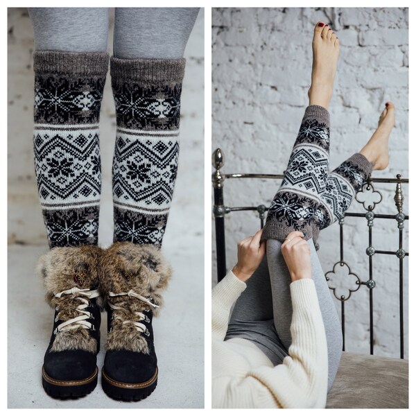 Jambières en tricot Nordic Ornament, Jambières en laine, Accessoires d'hiver, Socquettes, bottes pour femmes, Jambières Fair Isle