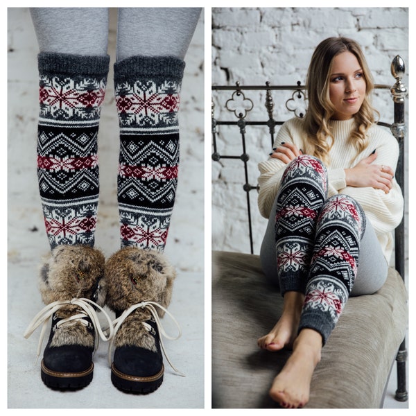 Jambières en tricot Nordic Ornament, Jambières en laine, Accessoires d'hiver, Socquettes, bottes pour femmes, Jambières Fair Isle