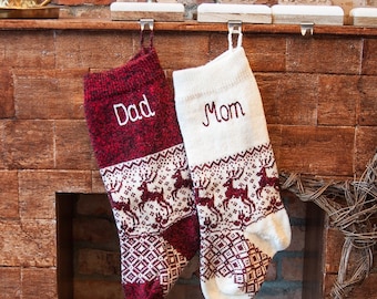 Set of 2 Personalized Christmas Stockings, Family Knitted Stocking with handmade embroidery, Rustic home decor Cranberry